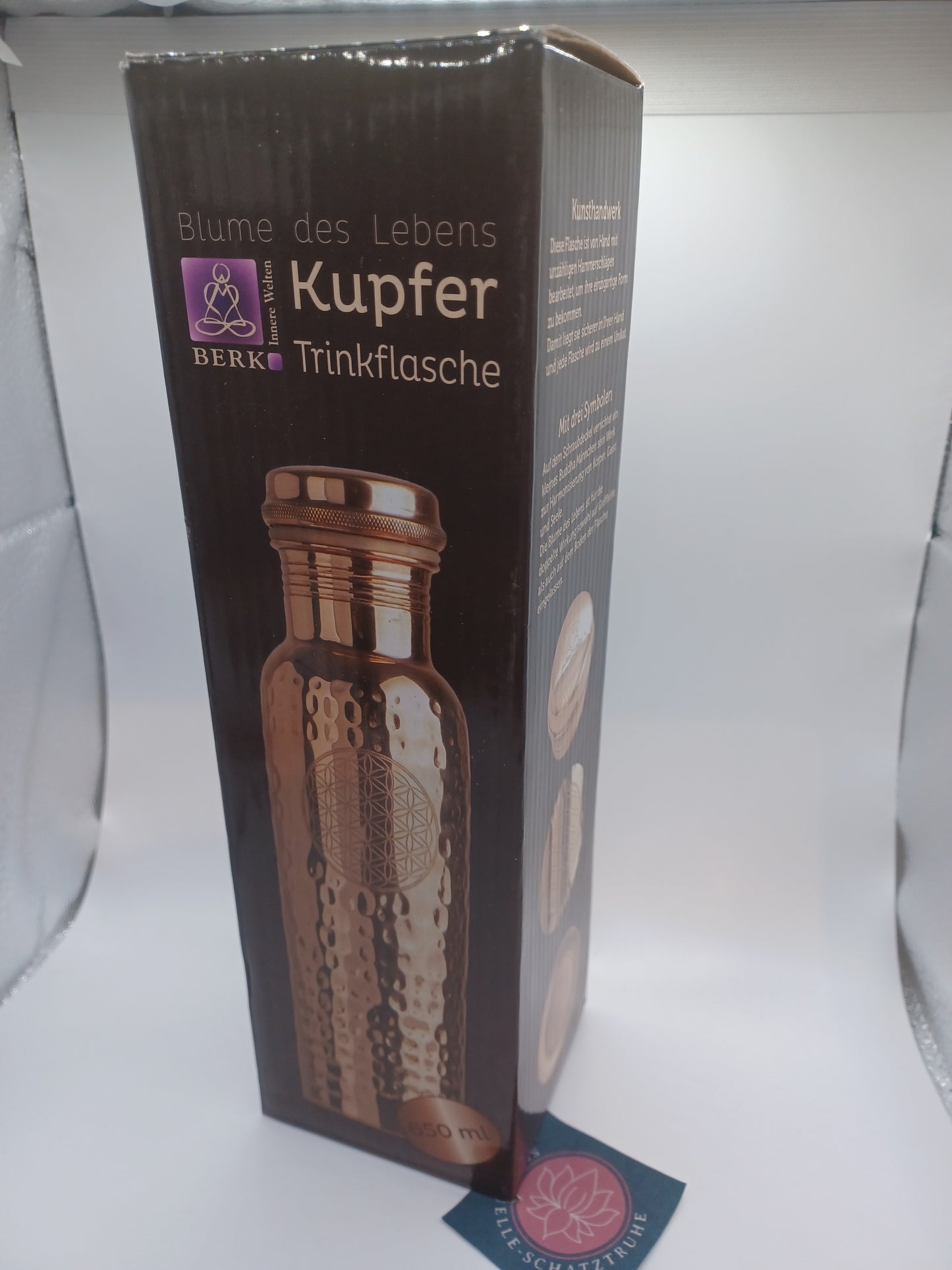Trinkflasche Kupfer 650 ml Blume des Lebens handgehämmert Ayurveda