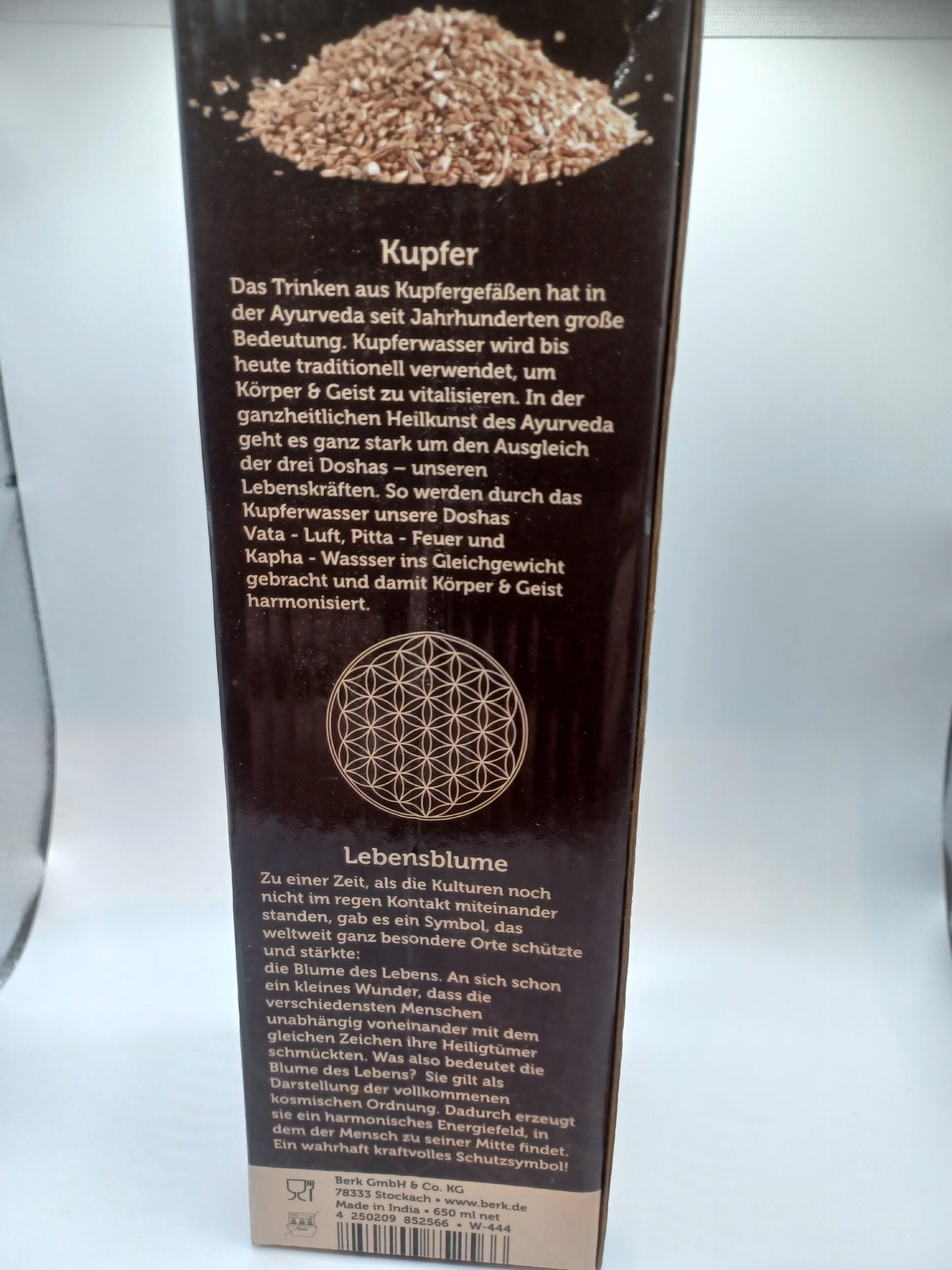 Trinkflasche Kupfer 650 ml Blume des Lebens handgehämmert Ayurveda
