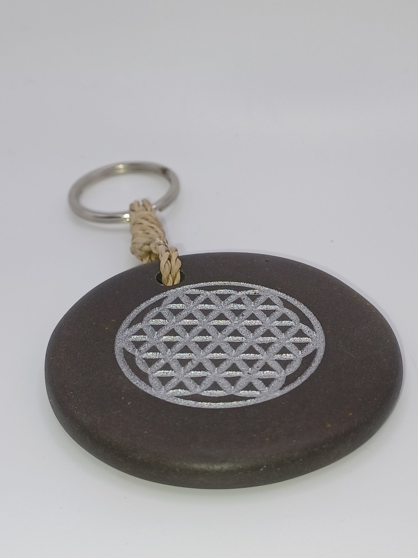 Schlüsselanhänger Blume des Lebens Stein schwarz silber 9 cm Anhänger