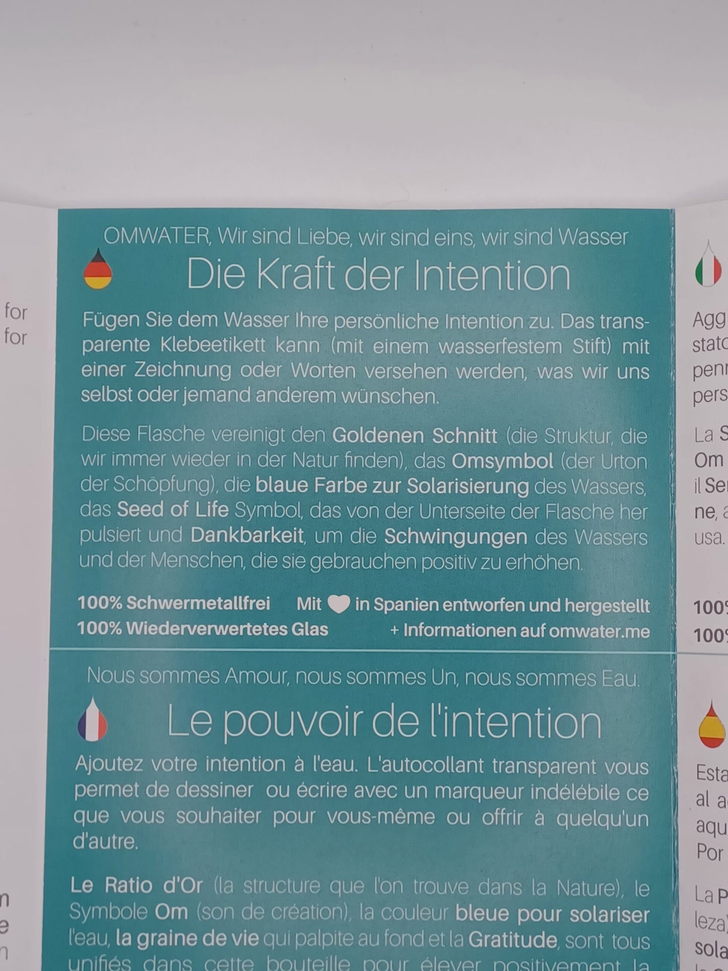 Om Wasserflasche 1,2 Liter Höhe 30 cm schwermetallfrei im Bio Baumwollsäckchen
