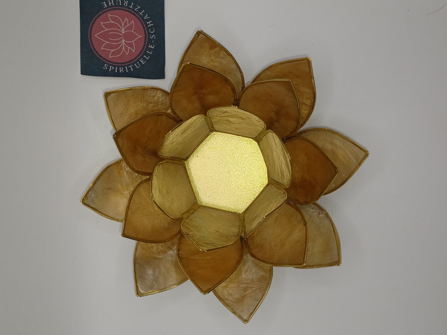 Lotus Teelichthalter beige goldfarbig 13, 5 cm aus Capiz Muscheln