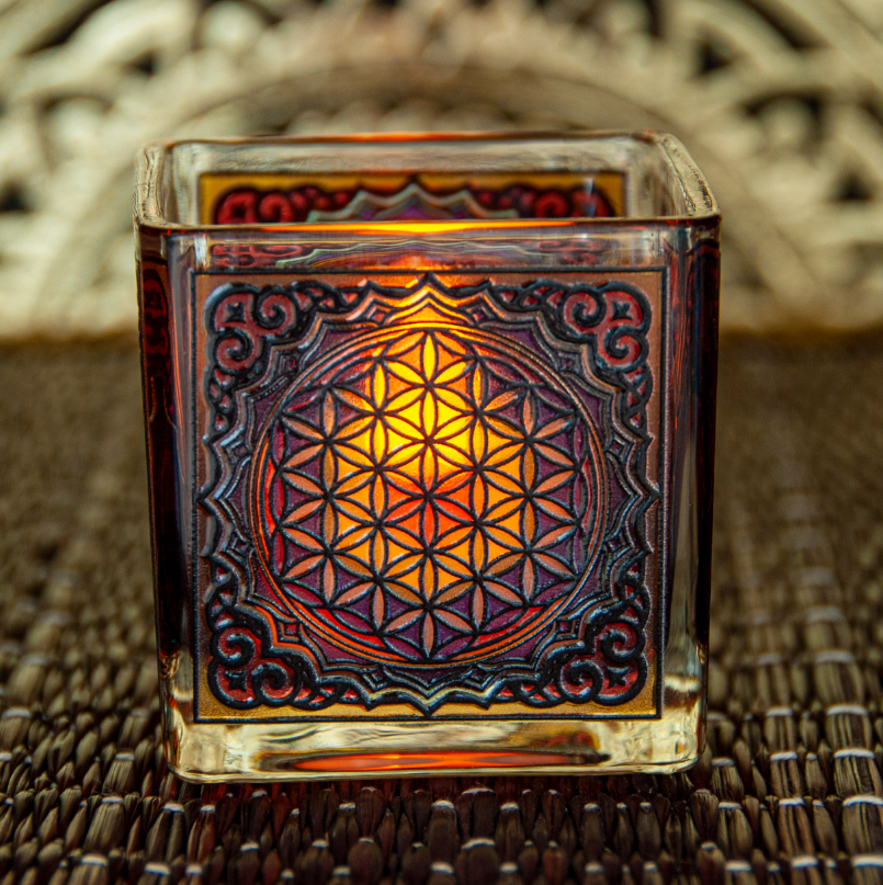 1 Teelichtglas Blume des Lebens in Geschenkbox L: 6 cm Teelichthalter