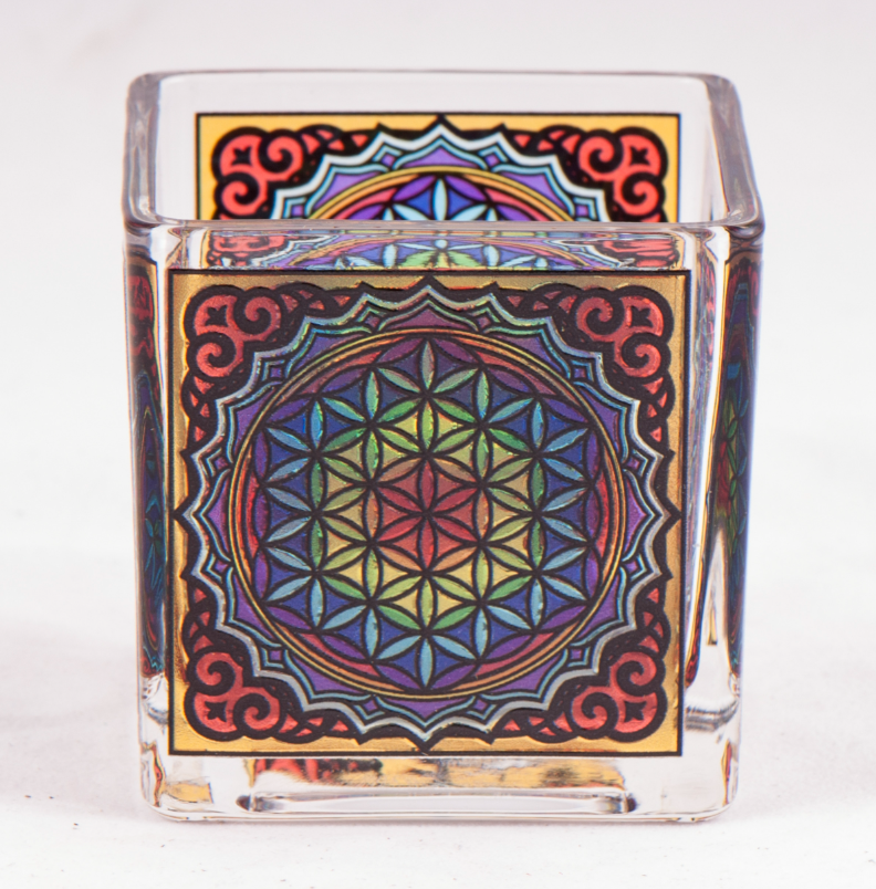 1 Teelichtglas Blume des Lebens in Geschenkbox L: 6 cm Teelichthalter