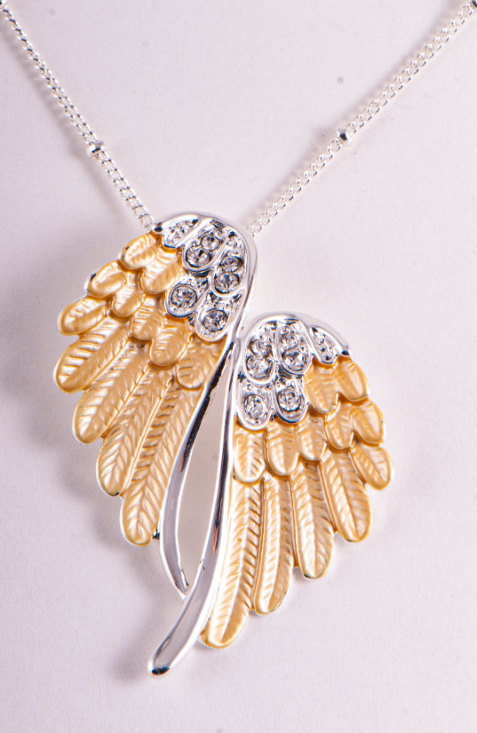 Engelsflügel gold Anhänger mit 50 cm Kette mit Kristallen
