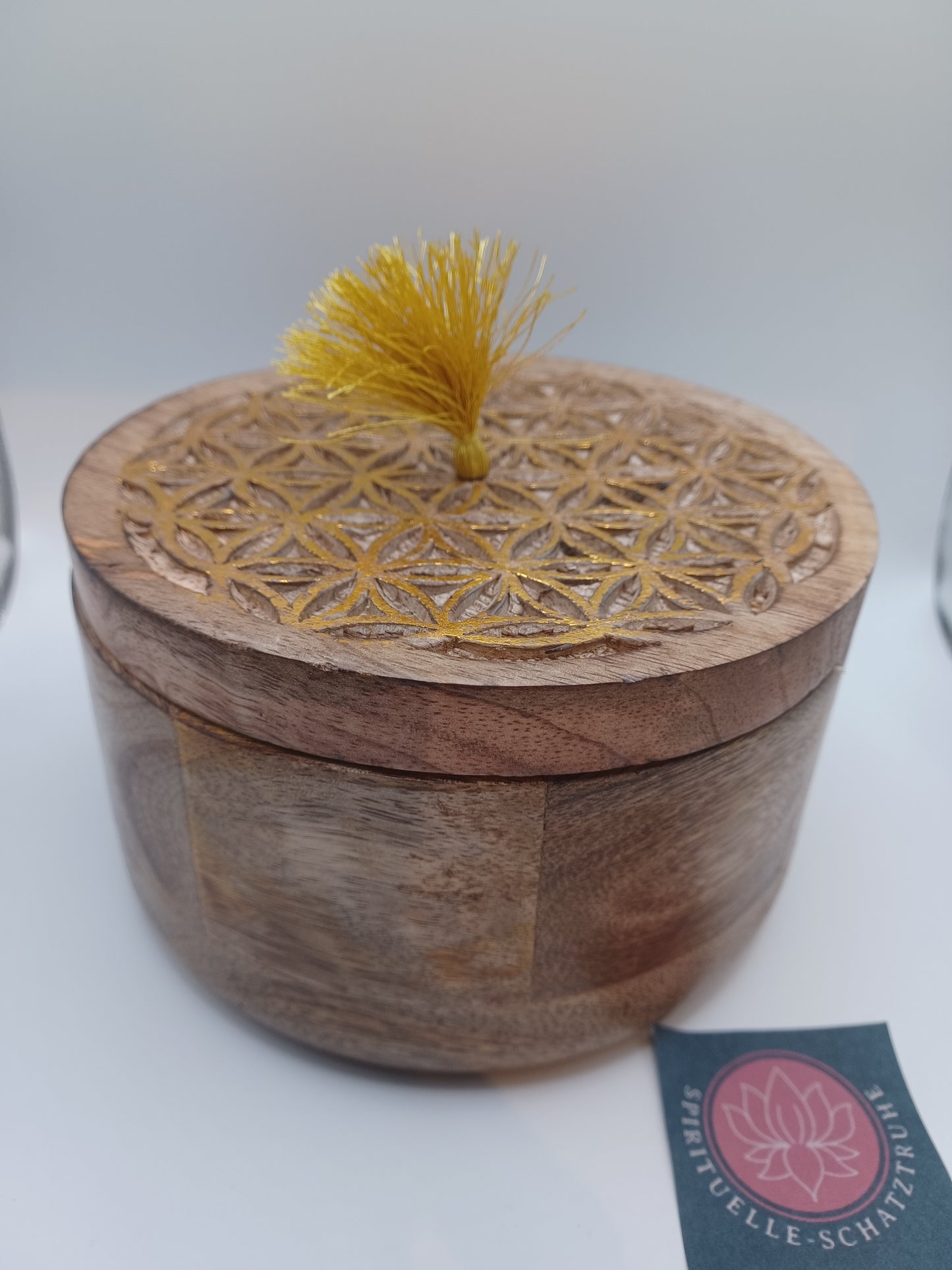 Wunderschöne große Schatulle Lebensblume aus Mangoholz 15 cm Durchmesser aus Mangoholz