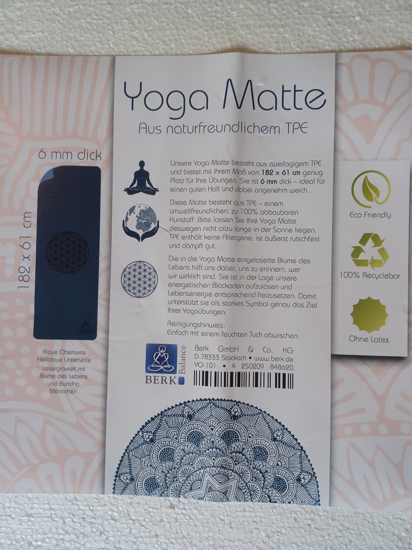 Yogamatte TPE-ecofriendly dunkelblau / hellblau 6mm zweischichtig Blume des Lebens