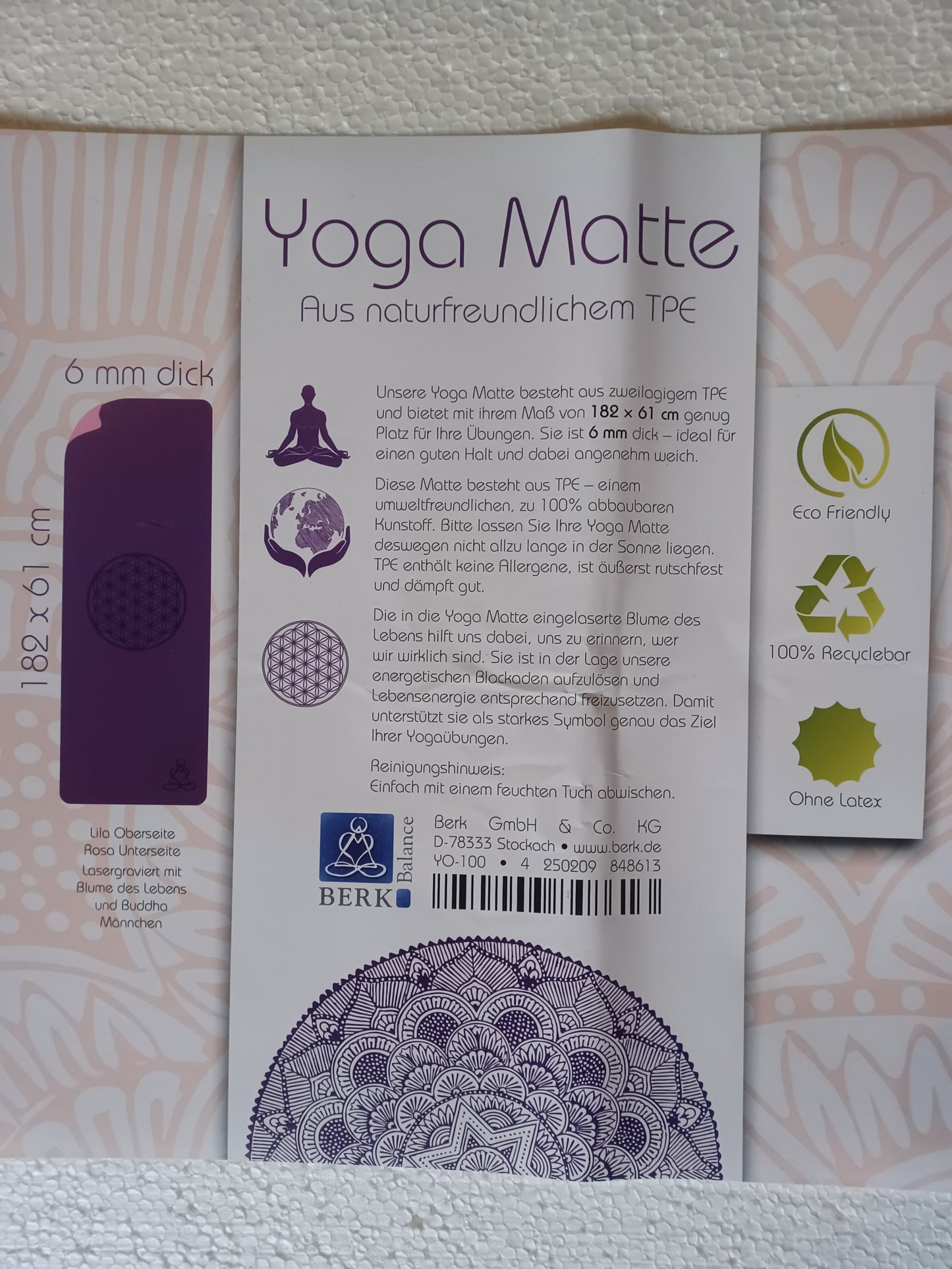 Yogamatte TPE-ecofriendly dunkellila/zartlila zweischichtig Blume des Lebens