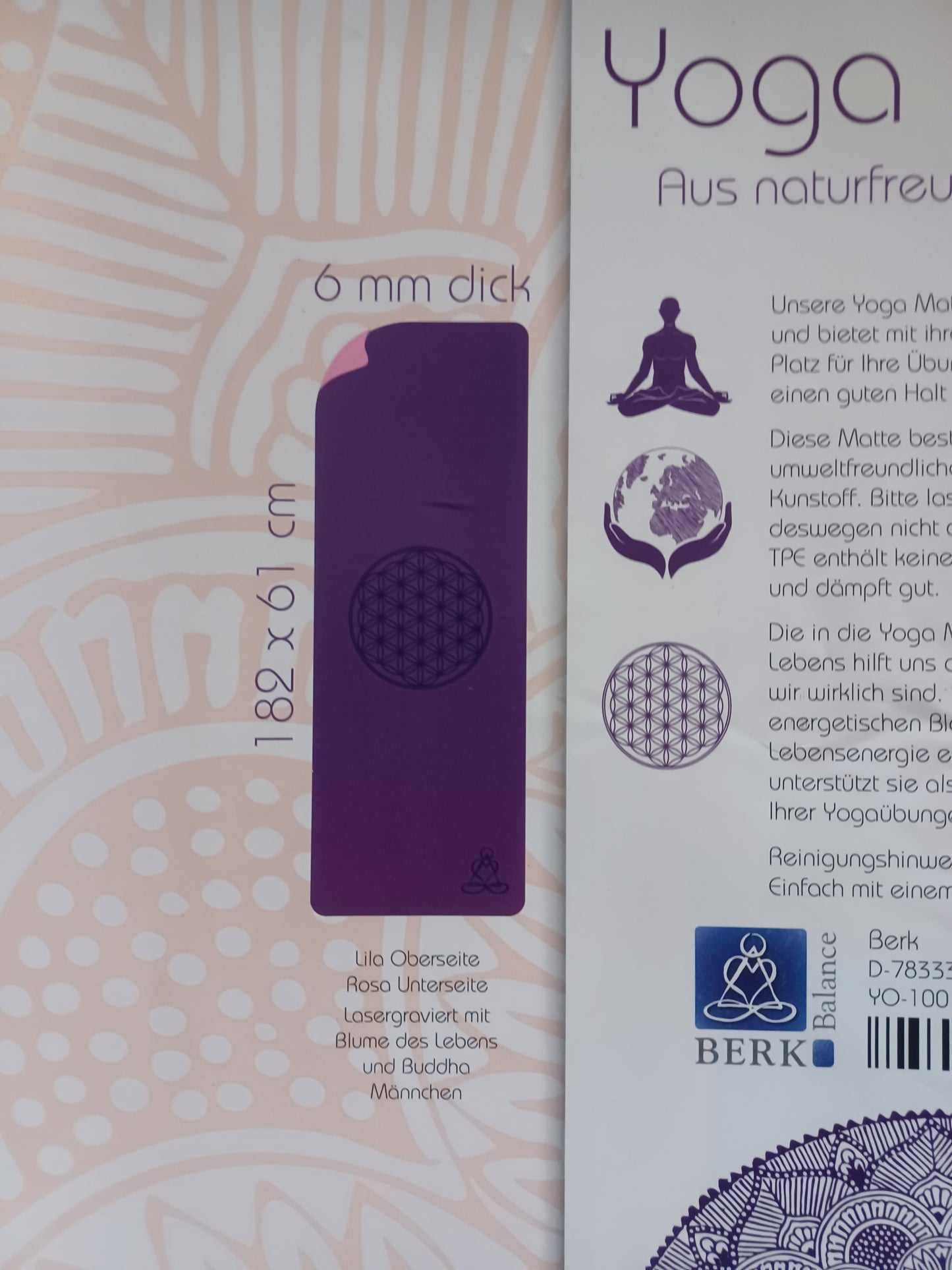 Yogamatte TPE-ecofriendly dunkellila/zartlila zweischichtig Blume des Lebens