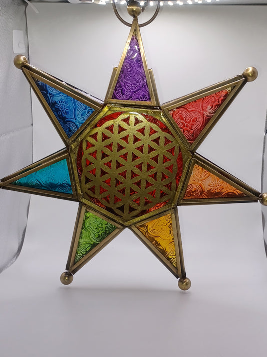 Orientalisches Licht Chakra Stern mit Kette Teelichthalter Echtglas