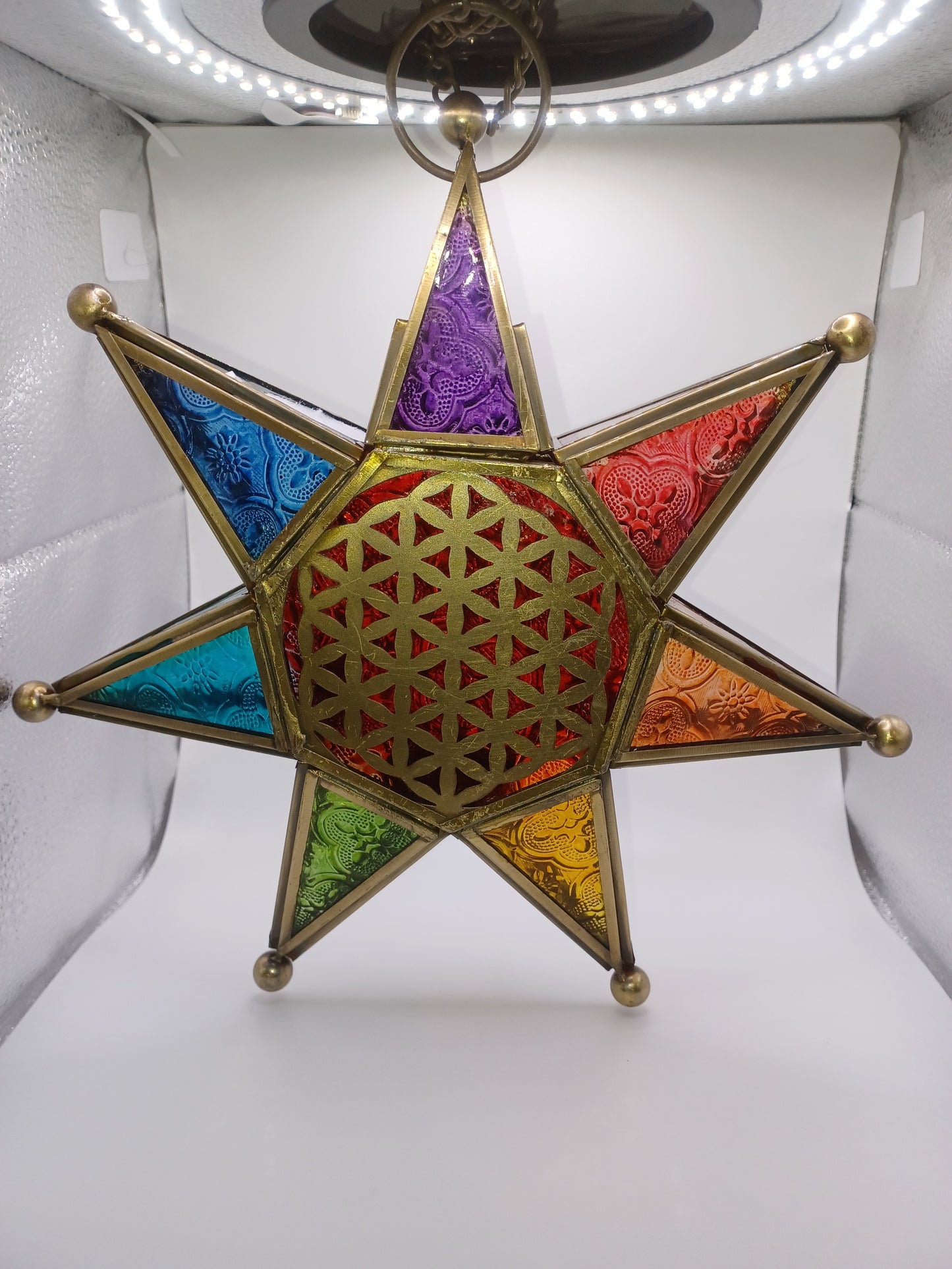 Orientalisches Licht Chakra Stern mit Kette Teelichthalter Echtglas