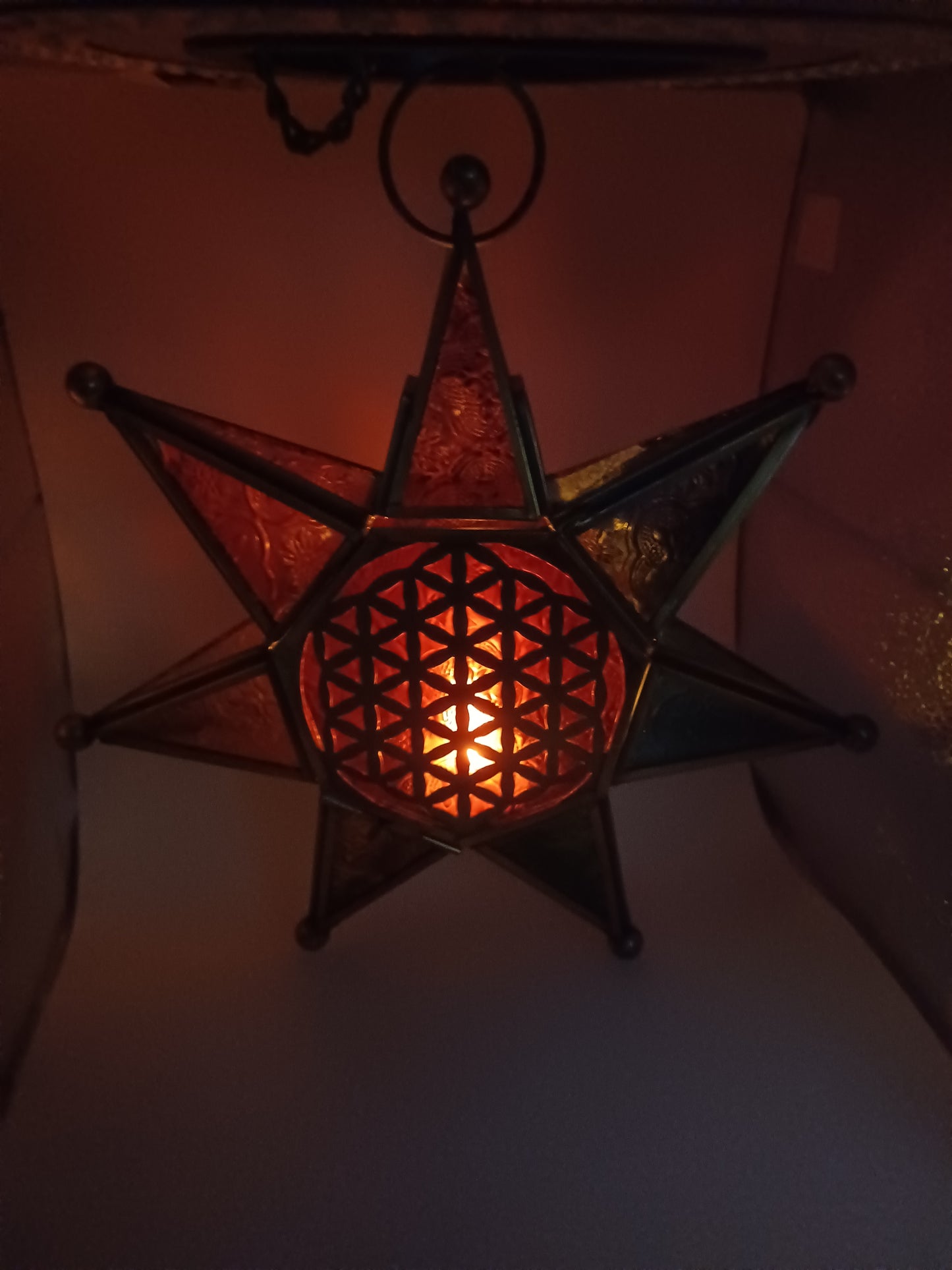 Orientalisches Licht Chakra Stern mit Kette Teelichthalter Echtglas