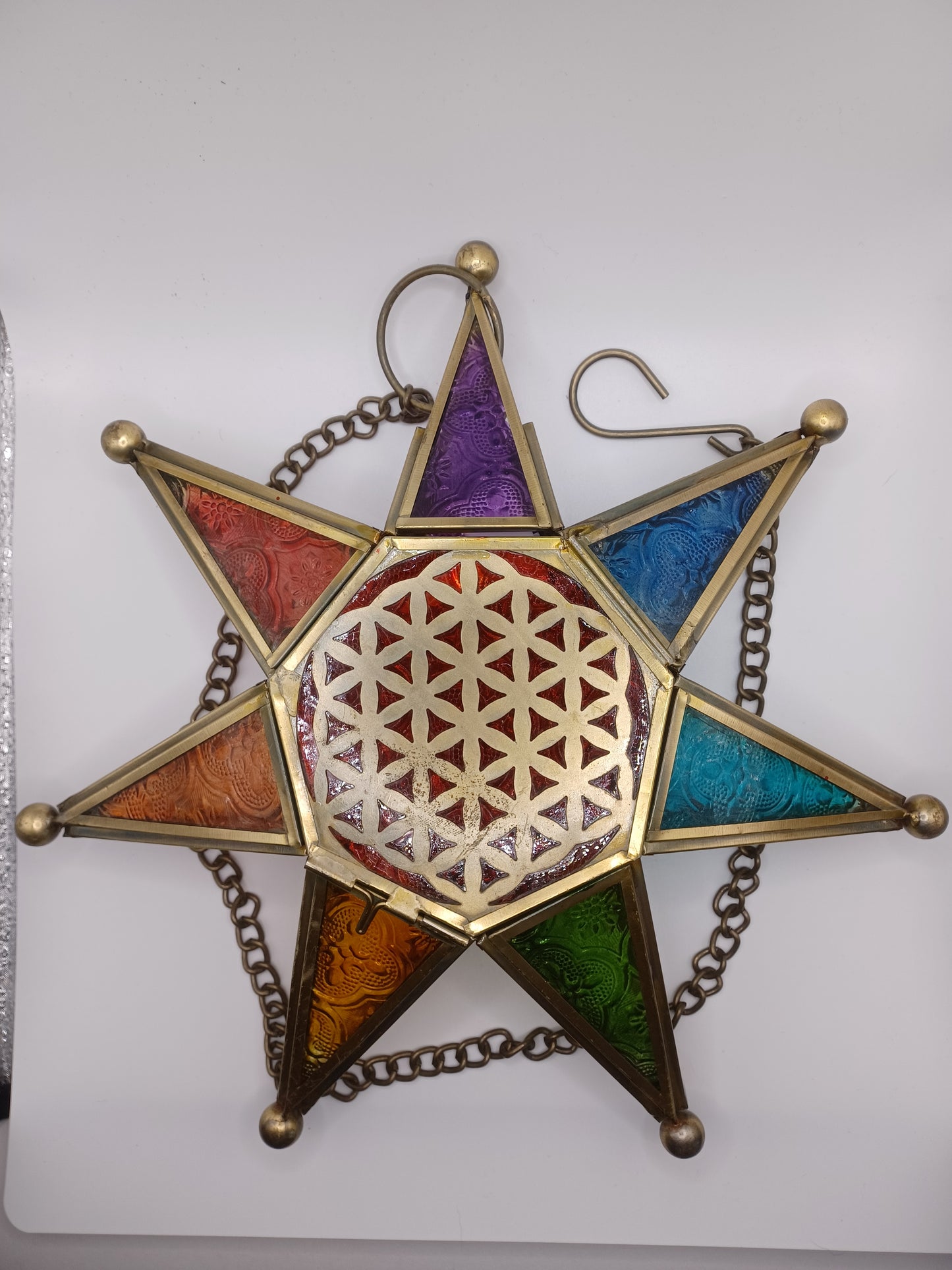 Orientalisches Licht Chakra Stern mit Kette Teelichthalter Echtglas