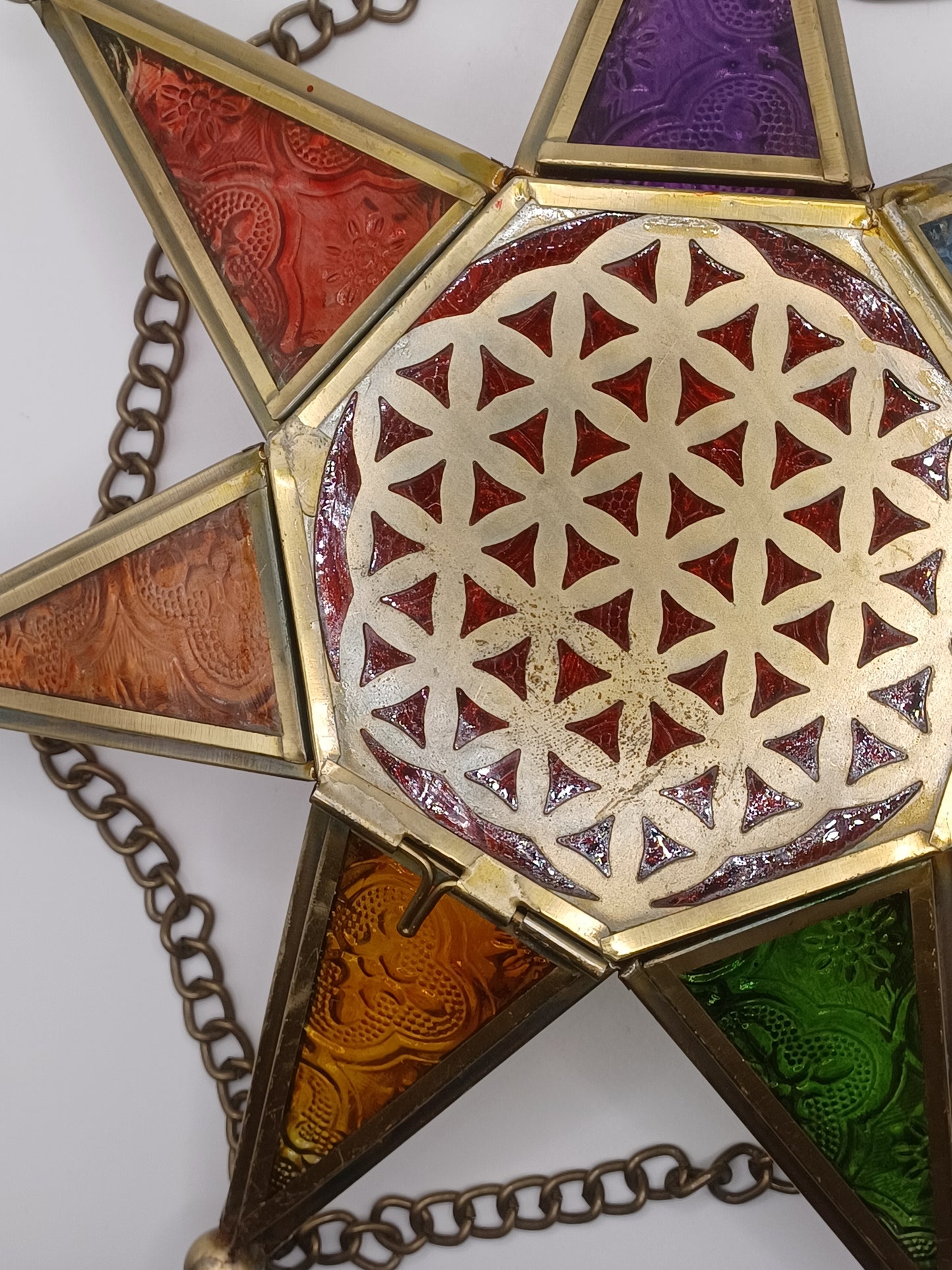 Orientalisches Licht Chakra Stern mit Kette Teelichthalter Echtglas