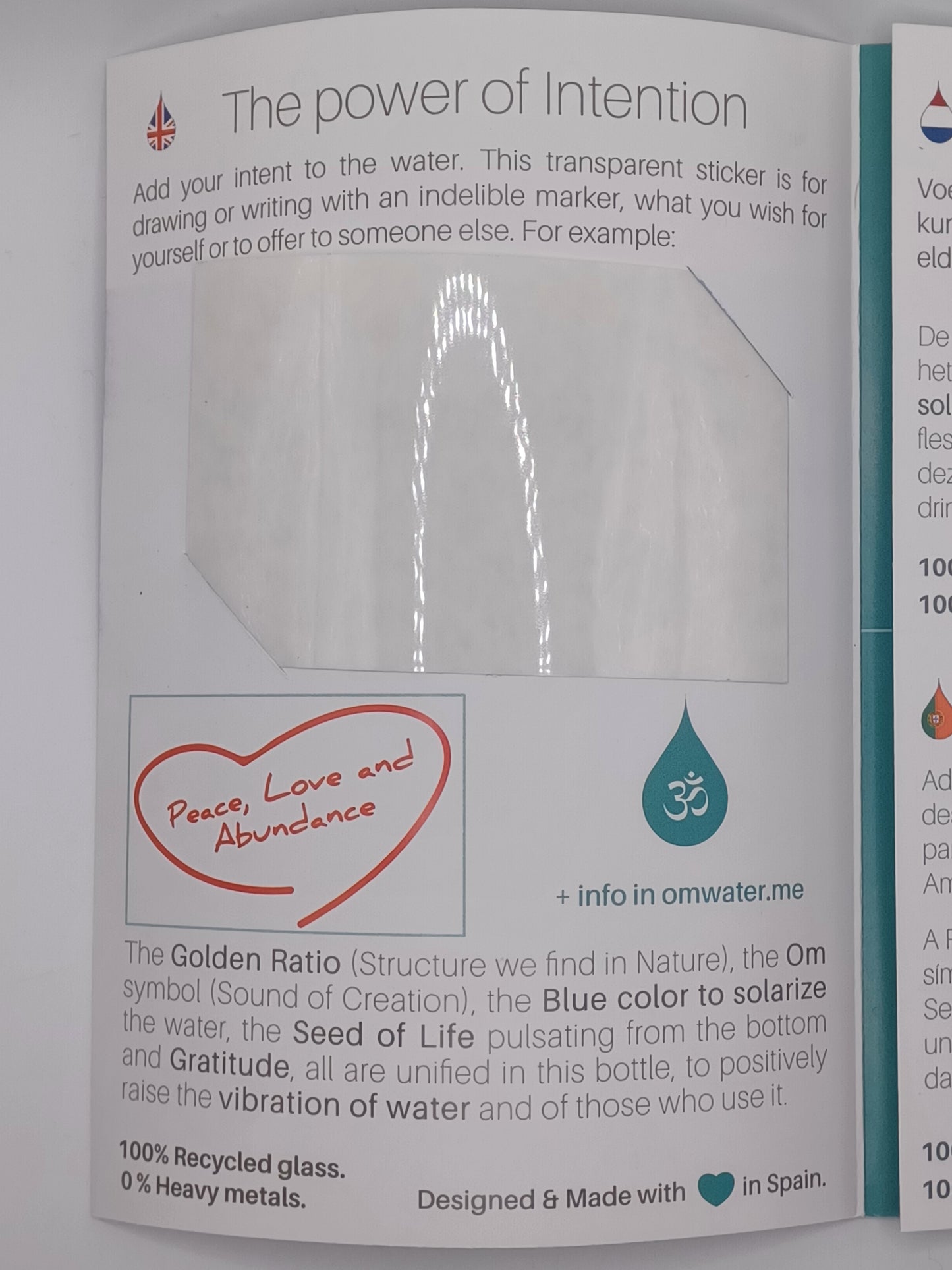 Om Wasserflasche 1,2 Liter Höhe 30 cm schwermetallfrei im Bio Baumwollsäckchen