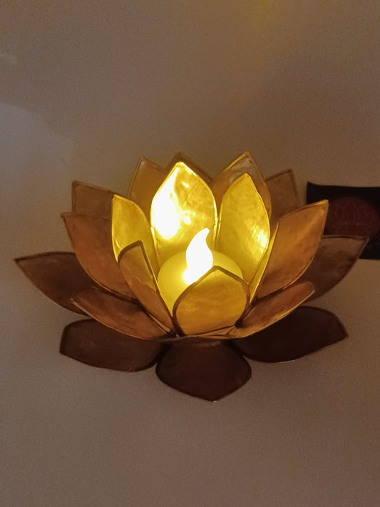 Lotus Teelichthalter beige goldfarbig 13, 5 cm aus Capiz Muscheln