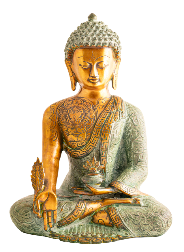 Medizin Buddha Messing, gold, grün antik H:31 cm 5,3 kg Figur, Skulptur, Statue