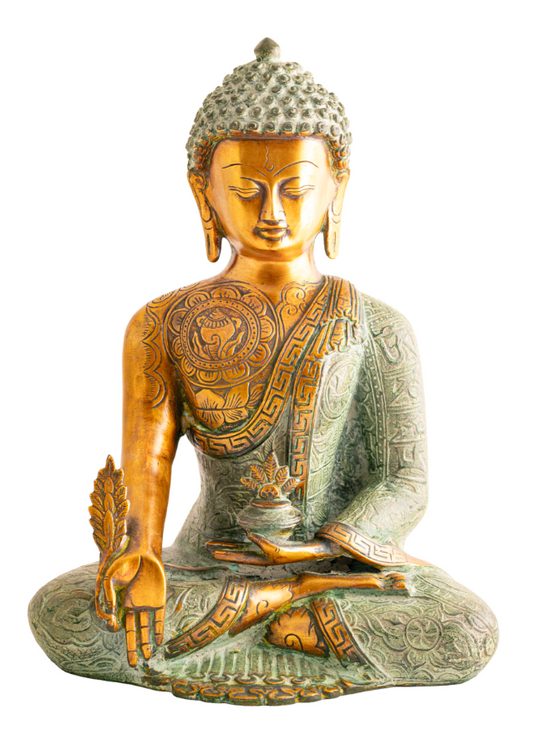 Medizin Buddha Messing, gold, grün antik H:31 cm 5,3 kg Figur, Skulptur, Statue