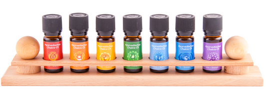 7 Chakra Öle je 10 ml Ayurvedische Chakra Öle mit Display aus Naturholz