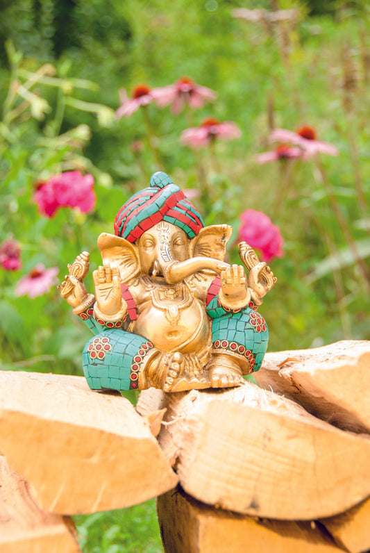 Ganesha sitzend ca. 16 cm Messing mit Türkis- und Korallensteinen ca. 2,7 kg