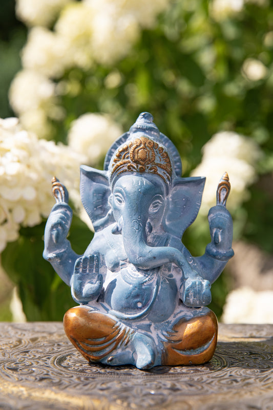 Ganesh Messing, blauer Sandstein mit Gold finish H: 13,5 cm, 1,3 kg Feng Shui