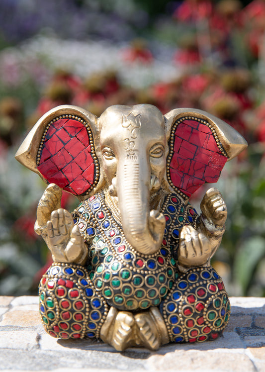 Ganesh mit Steinen Messing mit hochwertiger Steinkunst 12, 2 cm 1,7 kg Feng Shui