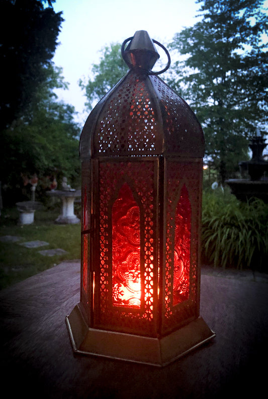 Orientalisches Licht Alladin Laterne H:28 cm, B:15 cm Eisen gold und Rotglas
