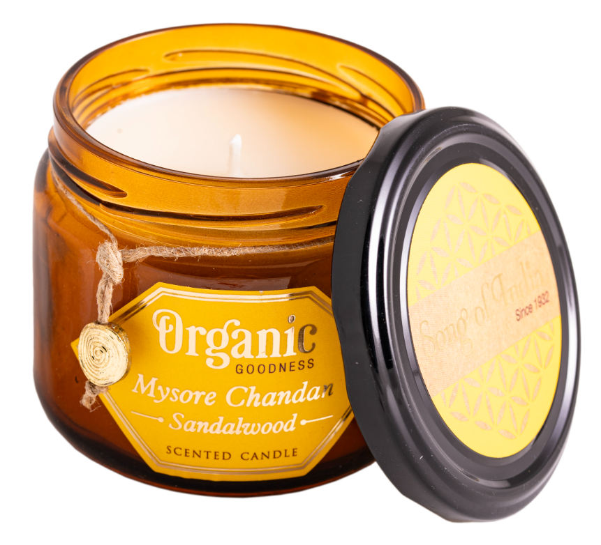 Organic Sojawachskerze mit Deckel Sandelholz Schutz Geborgenheit ca. 60 Std.