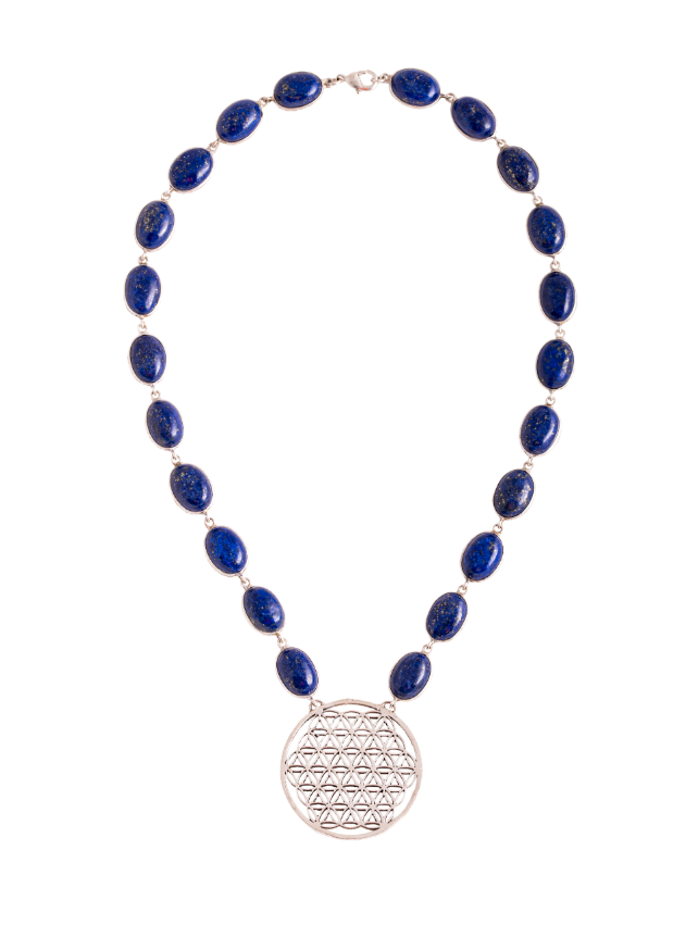 Blume des Lebens Collier mit Lapislazuli, Messing versilbert