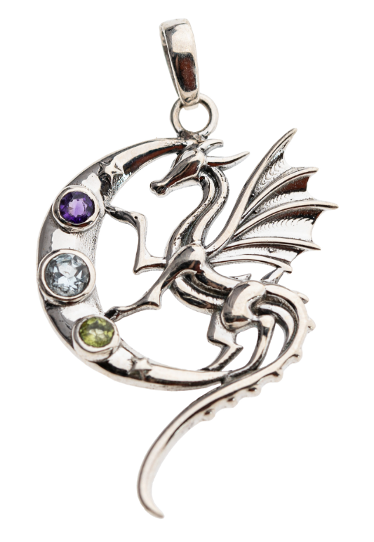 Drache in Mondsichel Anhänger H:40mm 925 Sterling Silber mit Amethyst, Blauer Topaz..