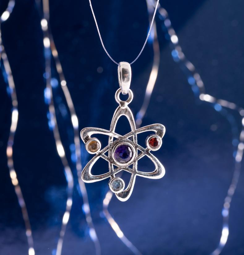 Atom Anhänger mit Edelsteinen 925 Sterling Silber mit Amethyst, Cirtrin...